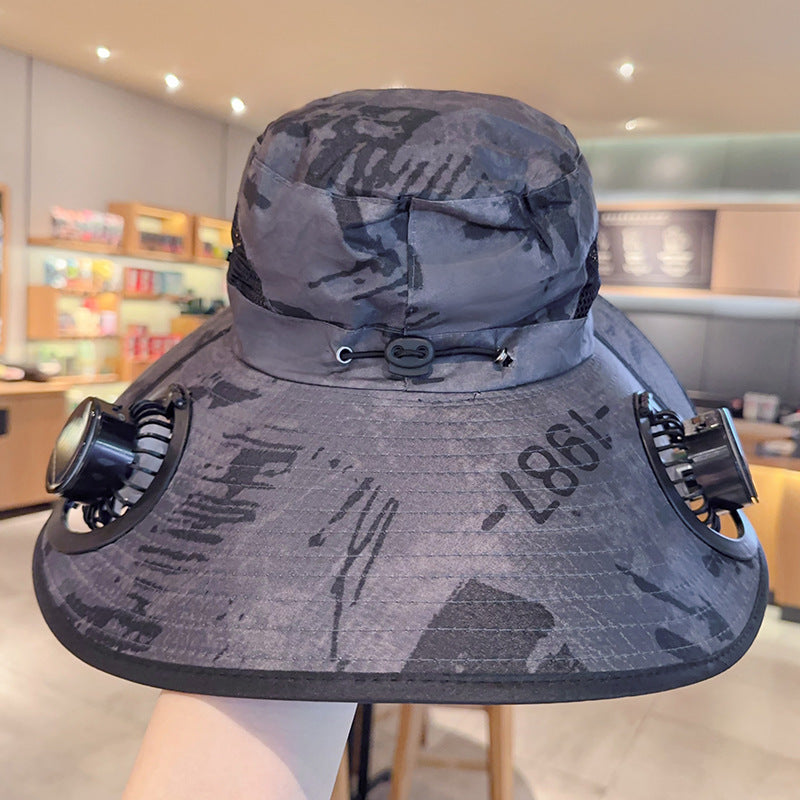 Solar powered fan large brim hat men's outdoor sunshade hat mountain climbing fisherman hat