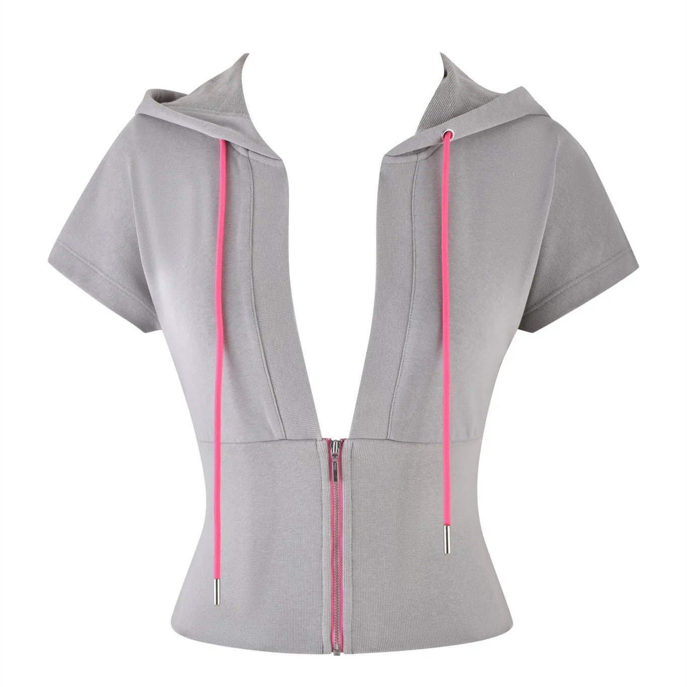 Women's Pure Color Sports Leisure Top with Hood Half Zipper Slim Deep V-neck Short Sleeve