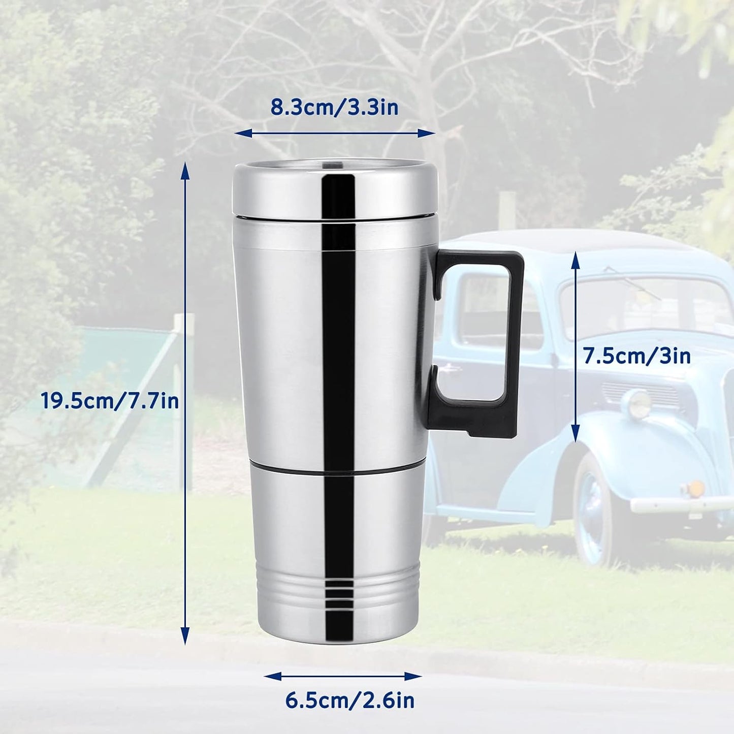 300Ml Car Electric Tea Kettle, 12V Stainless Steel Electric In-Car Travel Heating Cup Car Water Heater Travel Portable Heating Cup with Lid for Most Car Cup Holders, 6.5X19.5Cm