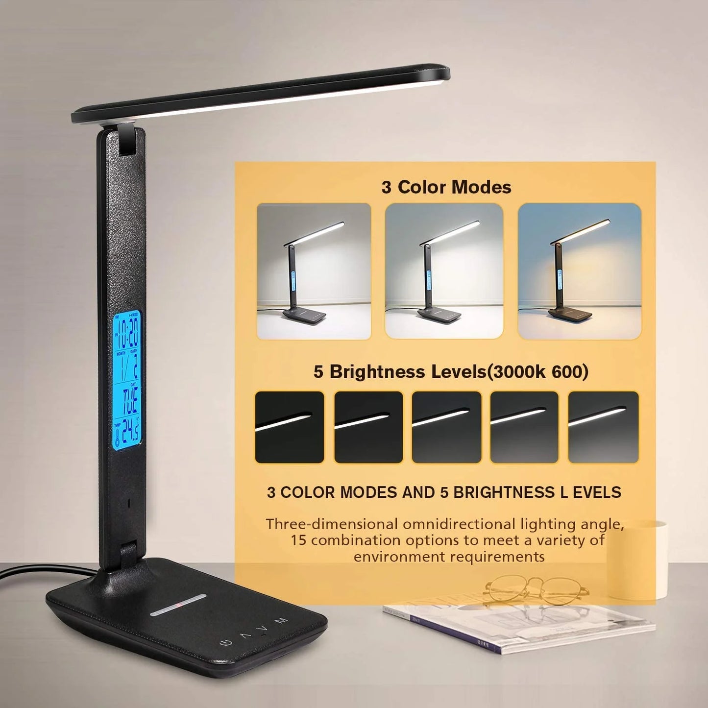 LED Desk Lamp with Wireless Charger, USB Charging Port, Adjustable Foldable Table Lamp with Clock, Alarm, Date, Temperature, 5-Level Dimmable Lighting, Office Lamp with Adapter,Black