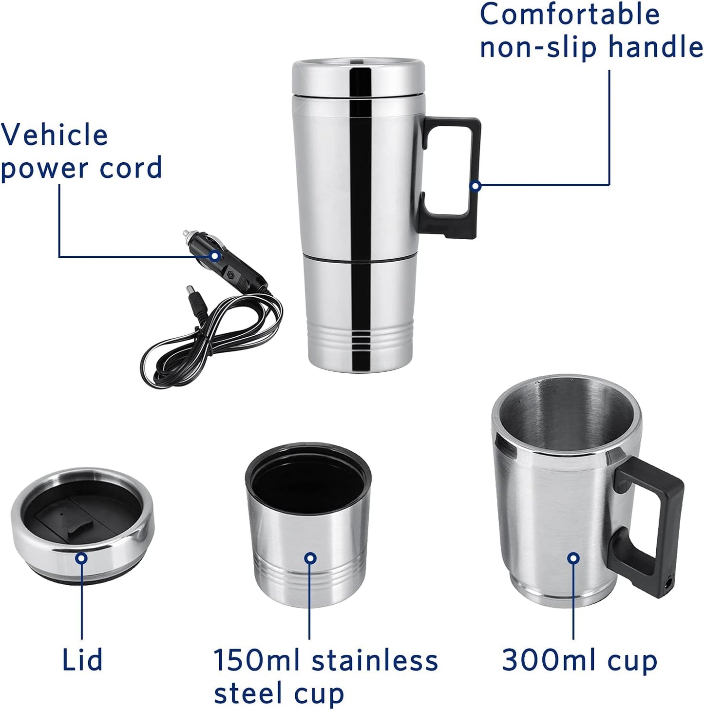300Ml Car Electric Tea Kettle, 12V Stainless Steel Electric In-Car Travel Heating Cup Car Water Heater Travel Portable Heating Cup with Lid for Most Car Cup Holders, 6.5X19.5Cm