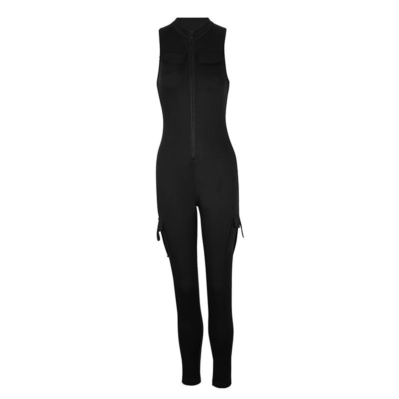 Sexy Fitted Zipper High-Waist Pocket Sports Jumpsuit for Women – Chino