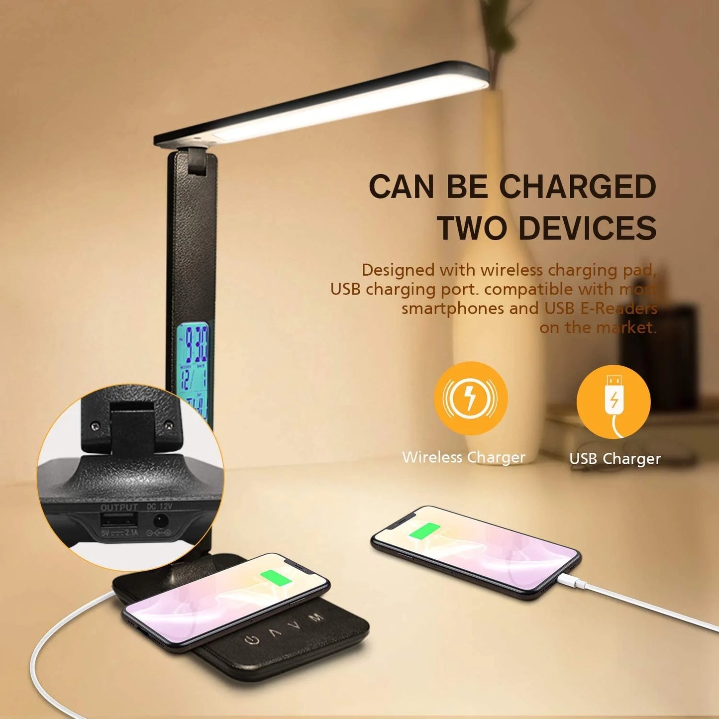LED Desk Lamp with Wireless Charger, USB Charging Port, Adjustable Foldable Table Lamp with Clock, Alarm, Date, Temperature, 5-Level Dimmable Lighting, Office Lamp with Adapter,Black