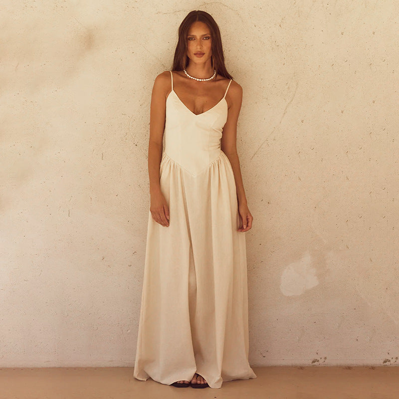 ღრმა V-სტილის, ზურგგახსნილი, ერთფეროვანი, A-კლასის გრძელი კაბა