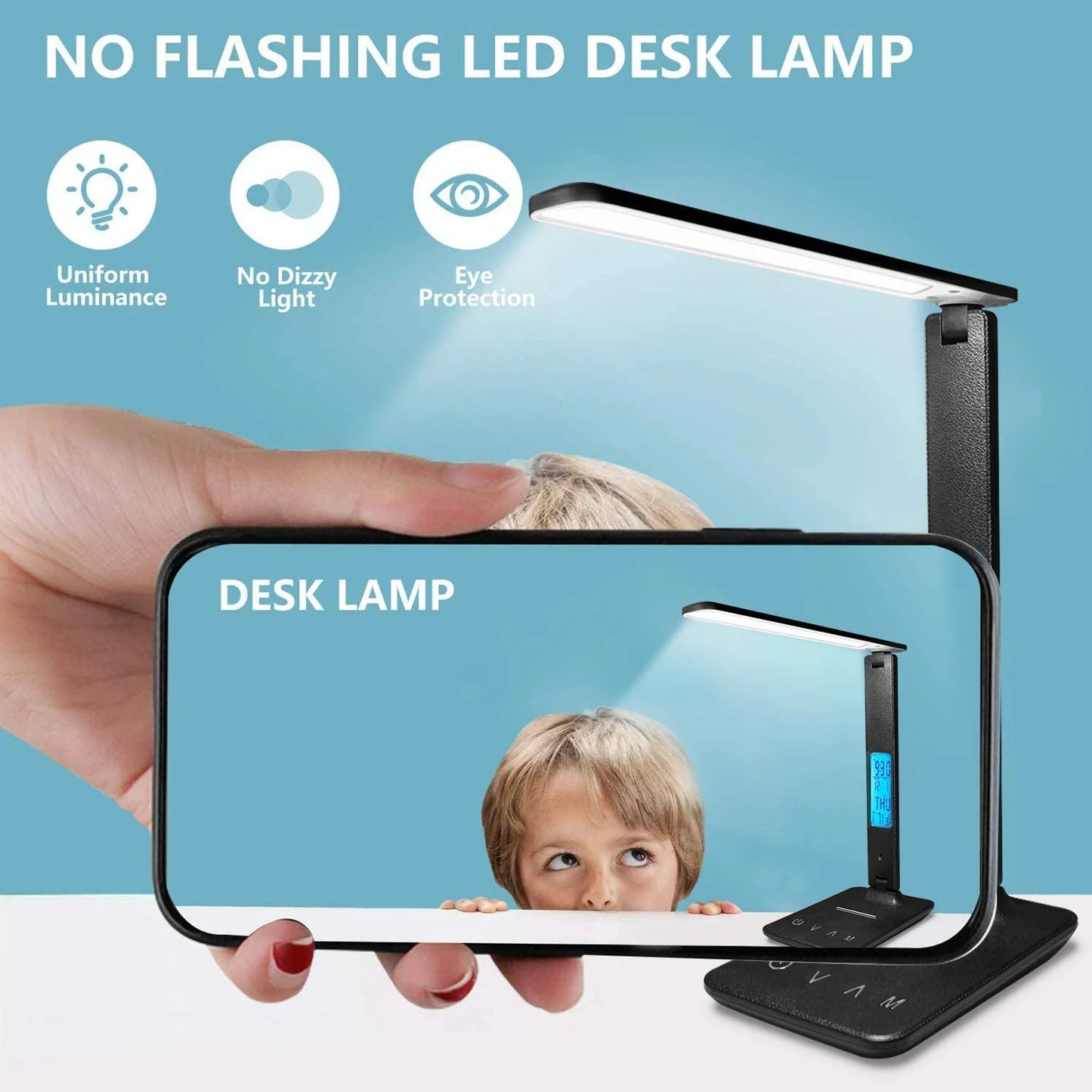 LED Desk Lamp with Wireless Charger, USB Charging Port, Adjustable Foldable Table Lamp with Clock, Alarm, Date, Temperature, 5-Level Dimmable Lighting, Office Lamp with Adapter,Black