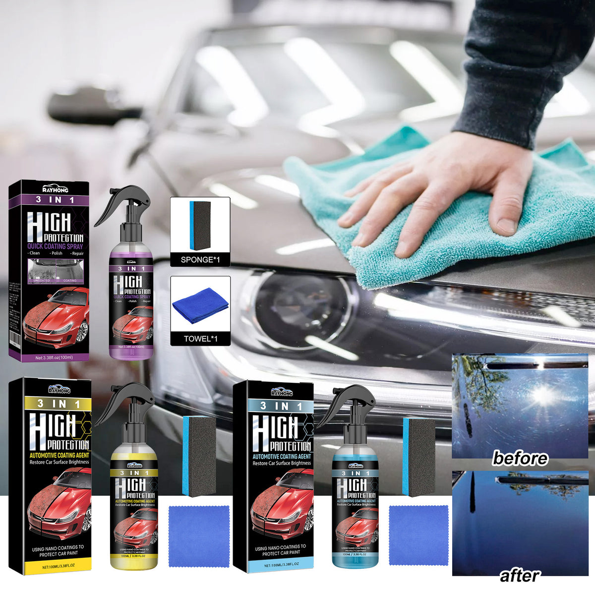 Rayhong Coating Agent 3-In-1 Oil Removal Polishing Protection Repair Scratches Car Paint Cleaning And Maintenance Coating