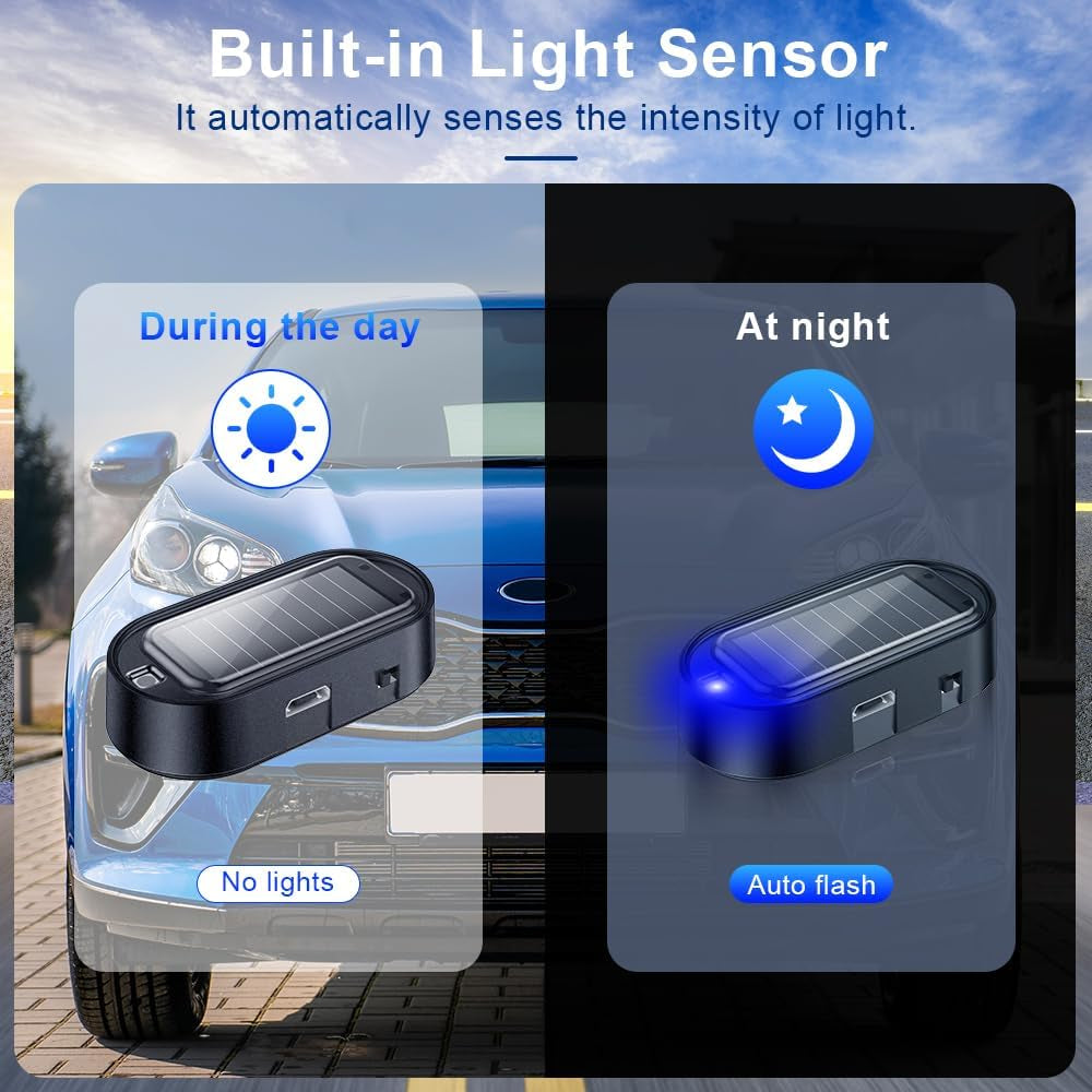 Car Solar Power Simulated Dummy Alarm, Anti-Theft LED Flashing Security Light Fake Car Alarm, Automotive Warning Interior Safety Light with USB Charging Port, Car Accessories(Blue Light, 4PCS)