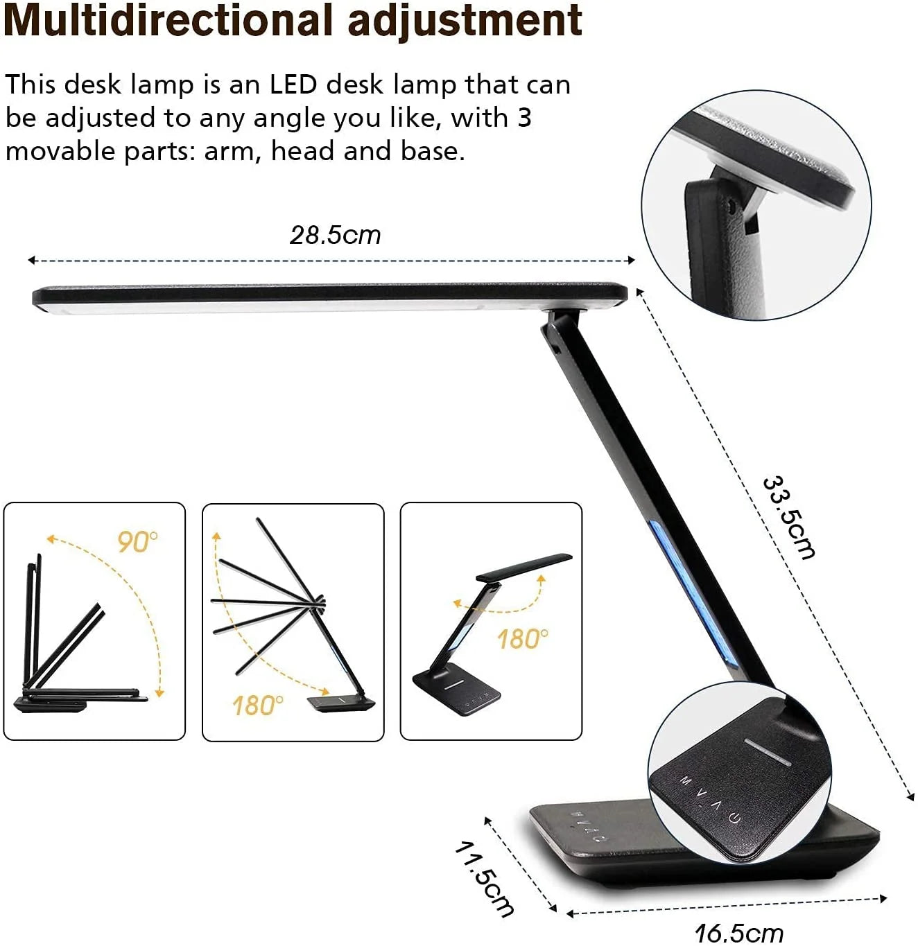 LED Desk Lamp with Wireless Charger, USB Charging Port, Adjustable Foldable ​Table Lamp with Clock, Alarm, Date, Temperature, 5-Level Dimmable ​Lighting​, Office Lamp with Adapter,Black