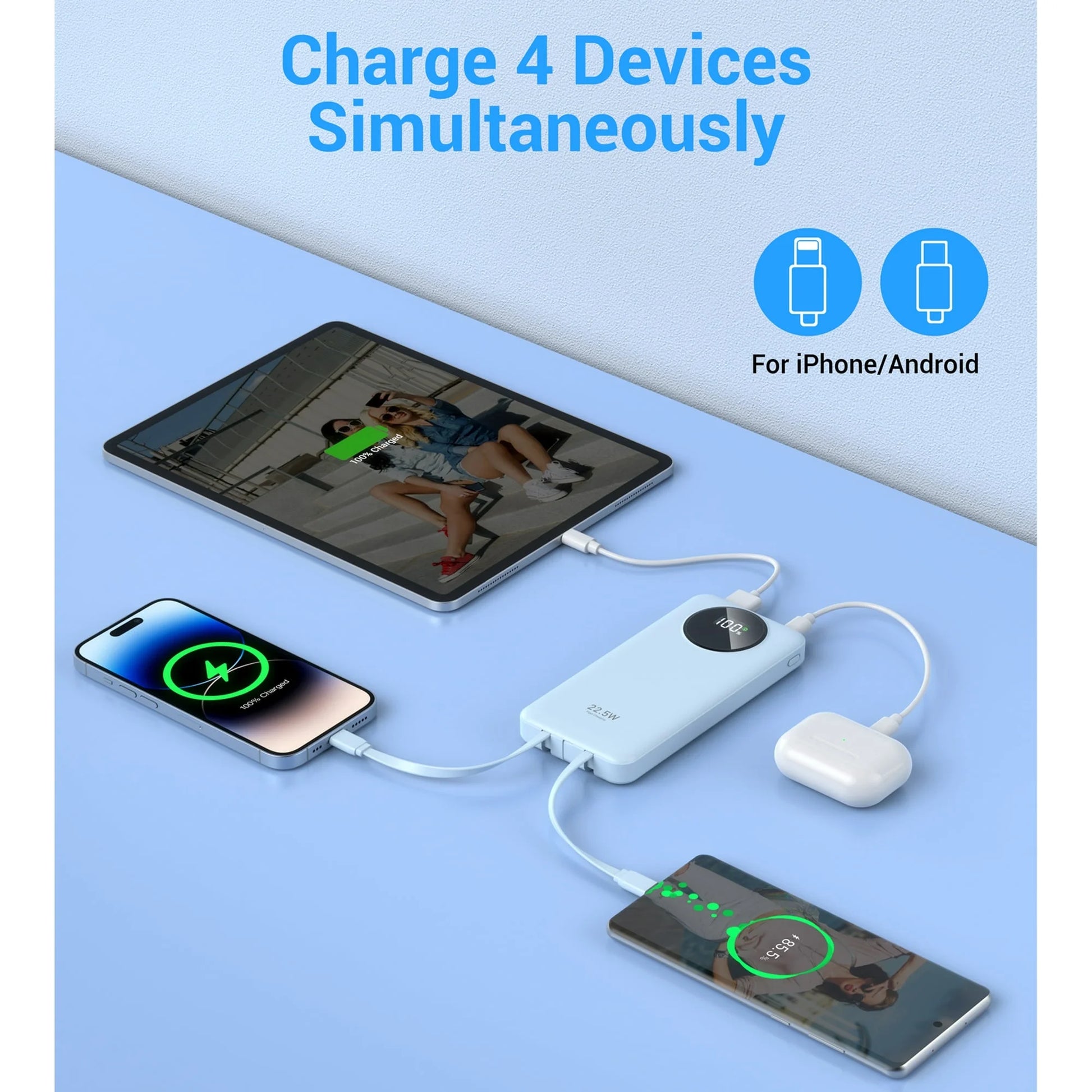 10000Mah Power Bank 22.5W Fast Charging Portable Charger with Cables, USB Battery Pack Compatible for Iphone and Android Cell Phone