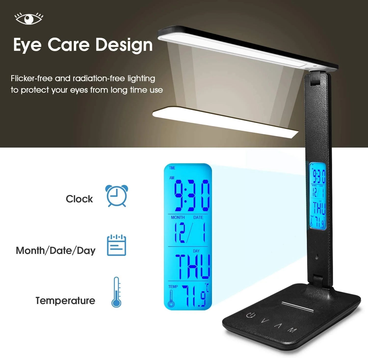 LED Desk Lamp with Wireless Charger, USB Charging Port, Adjustable Foldable ​Table Lamp with Clock, Alarm, Date, Temperature, 5-Level Dimmable ​Lighting​, Office Lamp with Adapter,Black