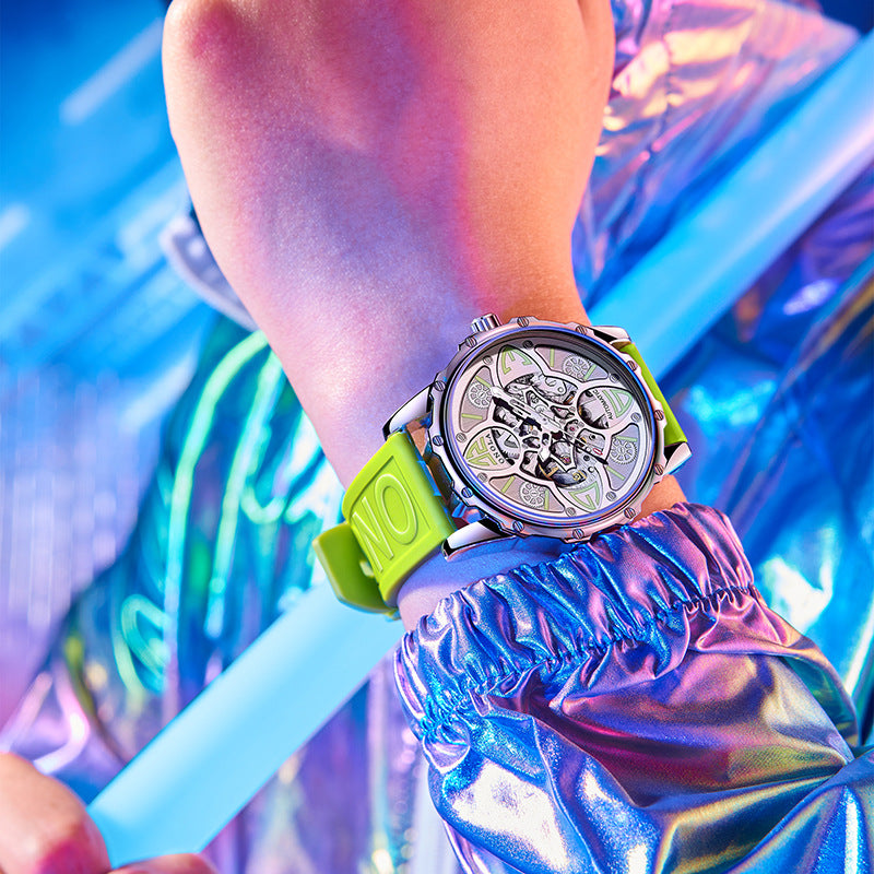 სრულად ავტომატური მექანიკური საათი მამაკაცებისთვის, მოდური, მრავალფეროვანი სილიკონის ლენტით, წყალგაუმტარი საათი 