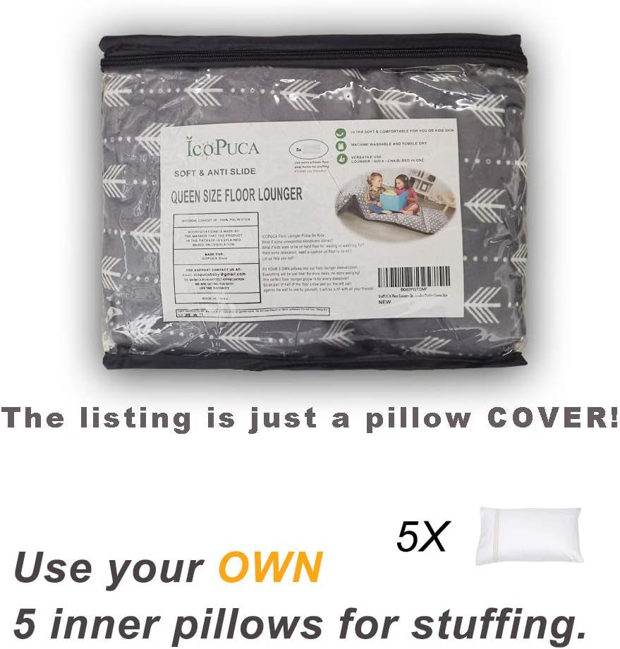 Floor Lounger Pillow Casing for Boy Girl, Soft Minky Plush, Arrow Print, Cover/Sleeve Only! Perfect Reading and Watching TV Cushion - Excellent for Sleepovers, Queen Size;