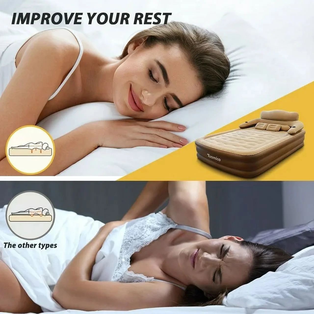 19In Queen Air Mattress, Inflatable Airbed with Pump for Guest Home Camping Travel, 661Lb Max,Coffee