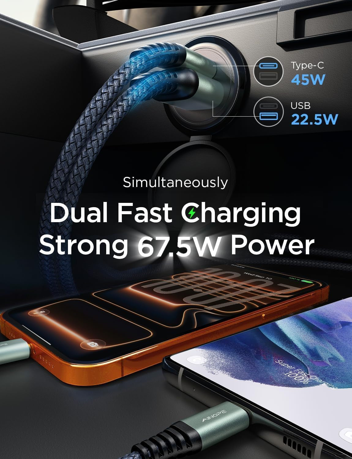 67.5W Super Mini Car Charger USB C 45W PD&QC 3.0 Fast Charging, All Metal Cigarette Lighter Adapter Car Charger Adapter Outlet for Iphone 17 Pro Max Air 16 15 14 13, Samsung Galaxy S25,Android