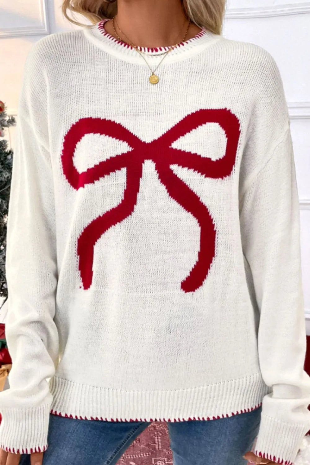 Sweet and versatile loose long sleeved round neck Christmas sweater for women