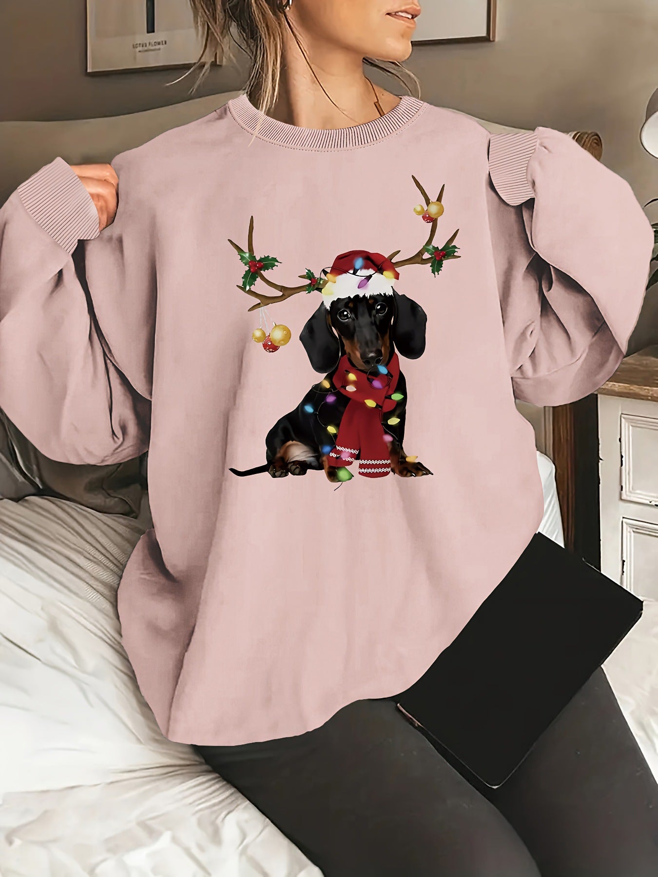 Women'S Plus Size Christmas Dachshund Crew Neck Sweatshirt -