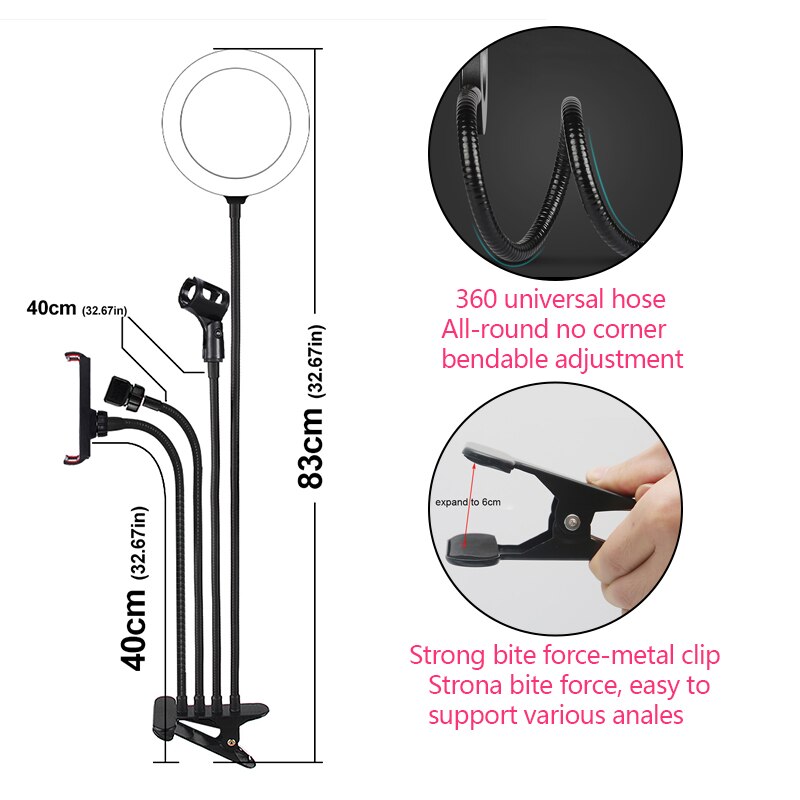 8 დიუმიანი LED რგოლისებრი განათების ნაკრები მაკიაჟის გაკვეთილისთვის YouTube ვიდეო პირდაპირი ტრანსლაცია iPad-ისთვის მიკროფონის ტელეფონის დამჭერი სელფის სილამაზის რგოლისებრი განათებისთვის