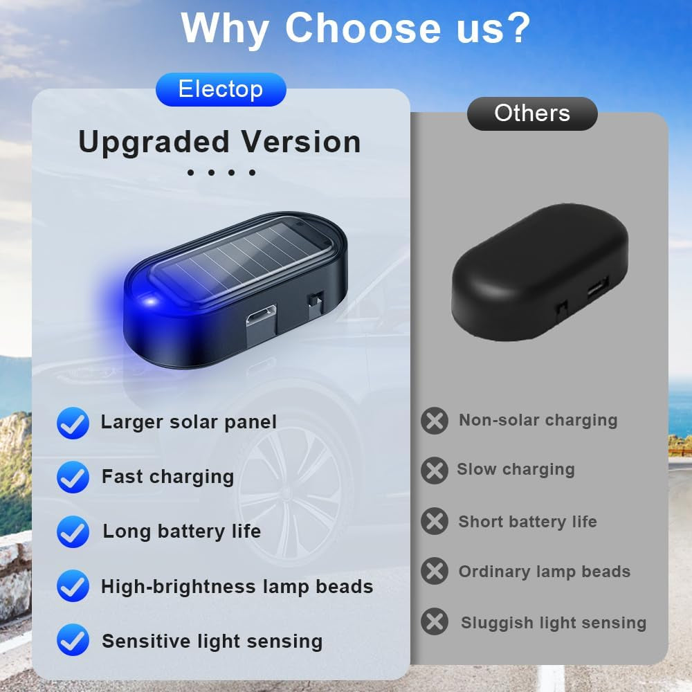 Car Solar Power Simulated Dummy Alarm, Anti-Theft LED Flashing Security Light Fake Car Alarm, Automotive Warning Interior Safety Light with USB Charging Port, Car Accessories(Blue Light, 4PCS)