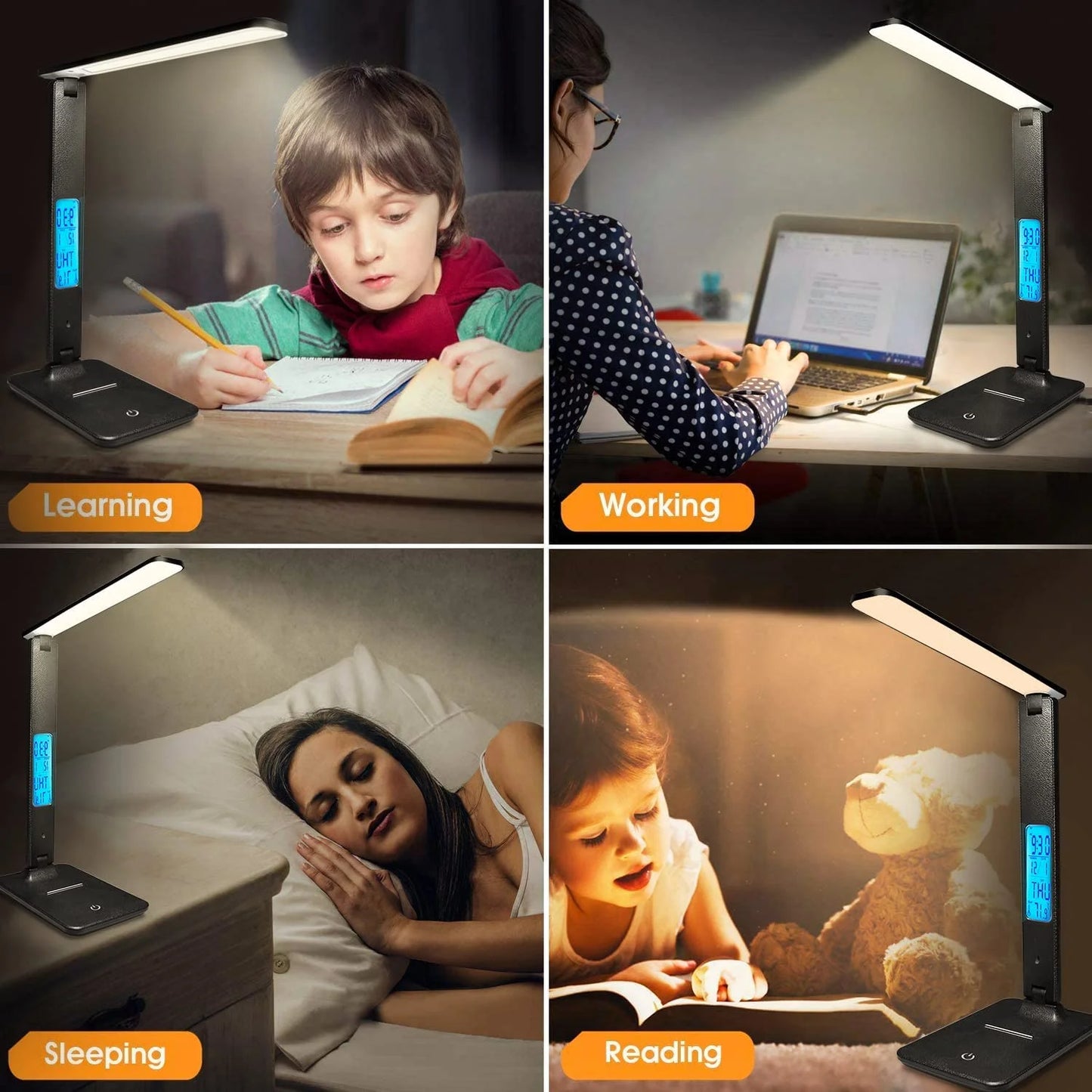 LED Desk Lamp with Wireless Charger, USB Charging Port, Adjustable Foldable ​Table Lamp with Clock, Alarm, Date, Temperature, 5-Level Dimmable ​Lighting​, Office Lamp with Adapter,Black