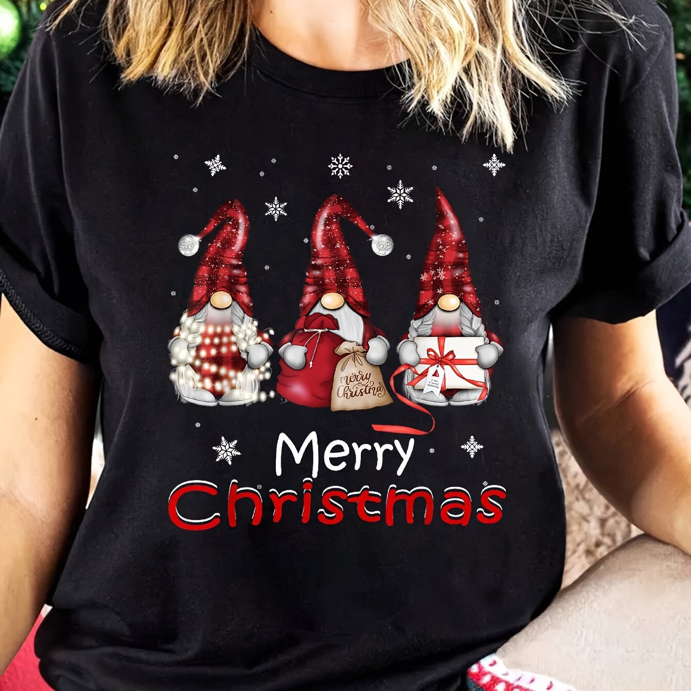 Women's Christmas Gnome Pattern Printed Short Sleeve T-Shirt Round Neck Casual Top Black Red White