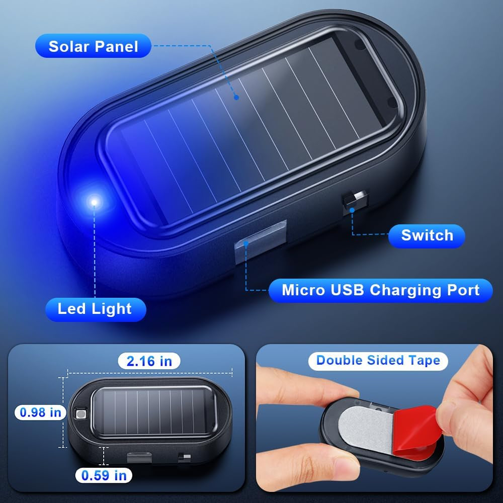 Car Solar Power Simulated Dummy Alarm, Anti-Theft LED Flashing Security Light Fake Car Alarm, Automotive Warning Interior Safety Light with USB Charging Port, Car Accessories(Blue Light, 4PCS)