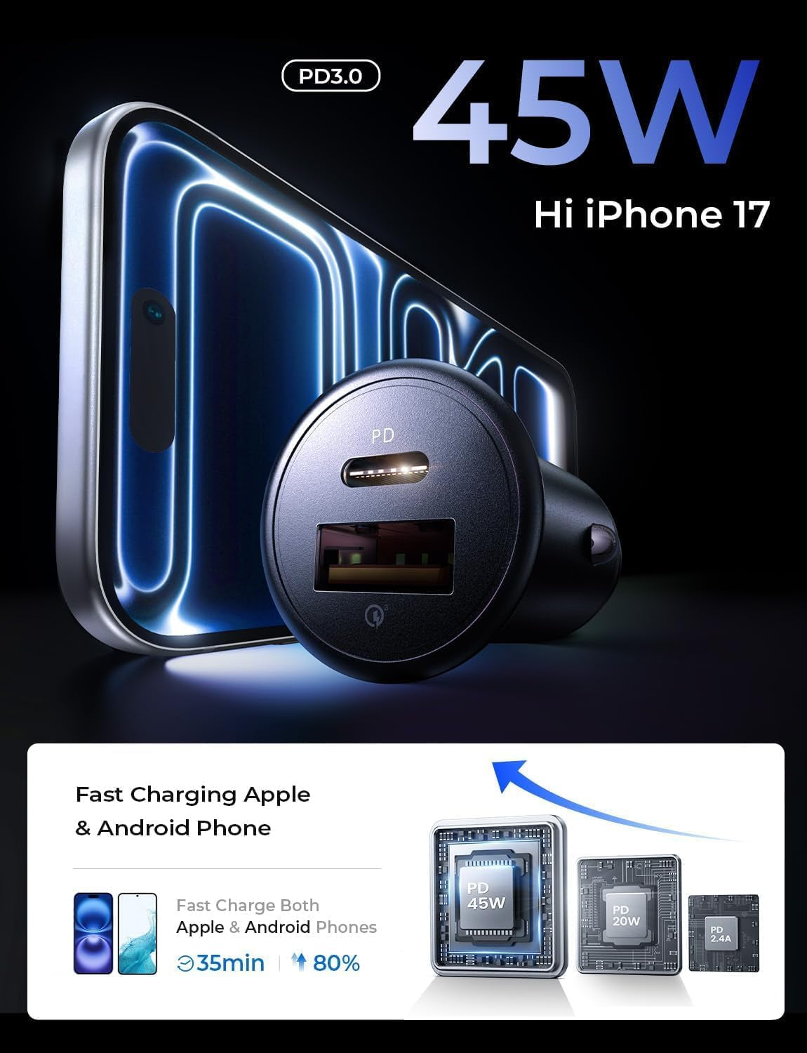 67.5W Super Mini Car Charger USB C 45W PD&QC 3.0 Fast Charging, All Metal Cigarette Lighter Adapter Car Charger Adapter Outlet for Iphone 17 Pro Max Air 16 15 14 13, Samsung Galaxy S25,Android