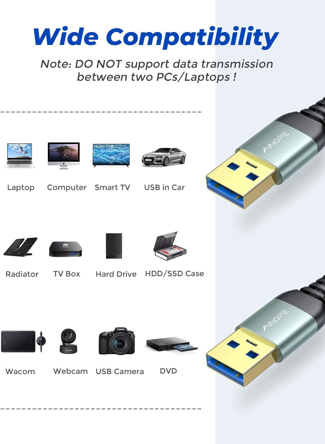 USB to USB Cable,Usb 3.0 a to a Male Cable, [Never Rupture] USB Male to Male Cable Double End USB Cord Compatible with Hard Drive Enclosures, DVD Player, Laptop Cooler,3.3Ft+3.3Ft/2 Pack/Grey