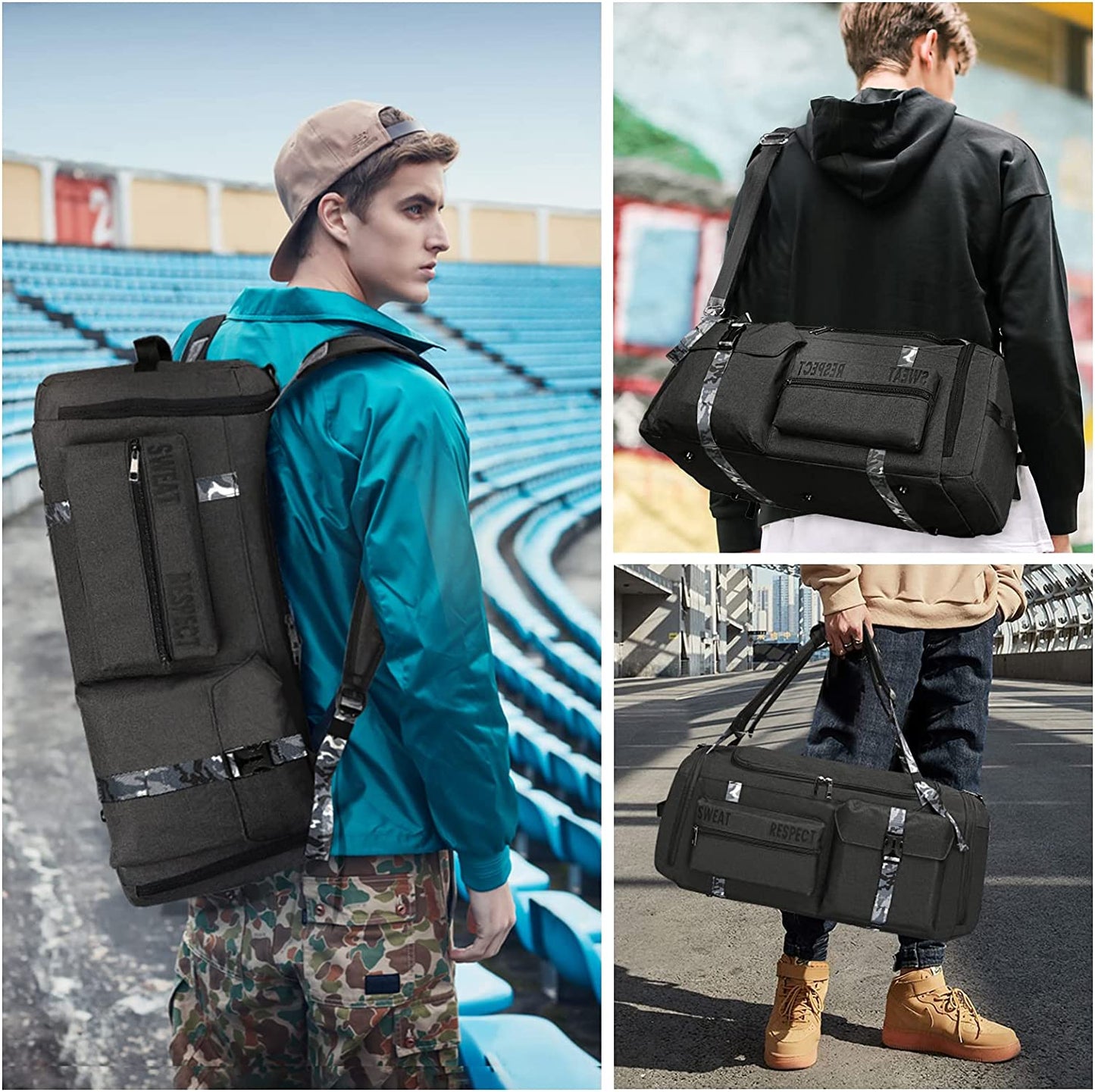 Gym Bags for Men Gym Duffle Bag Backpack 3-Way Sports Duffel Bags for Men with Shoe Compartment & Wet Pocket（Black）