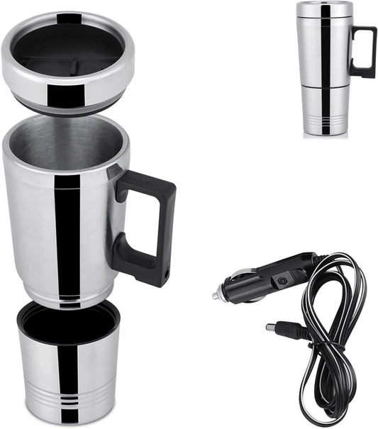 300Ml Car Electric Tea Kettle, 12V Stainless Steel Electric In-Car Travel Heating Cup Car Water Heater Travel Portable Heating Cup with Lid for Most Car Cup Holders, 6.5X19.5Cm