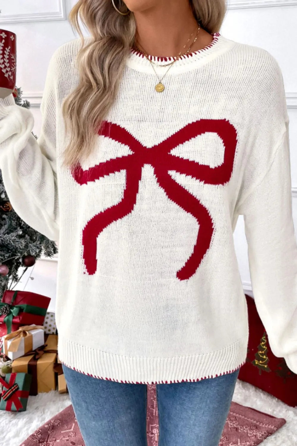 Sweet and versatile loose long sleeved round neck Christmas sweater for women