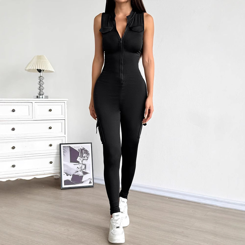 Sexy Fitted Zipper High-Waist Pocket Sports Jumpsuit for Women