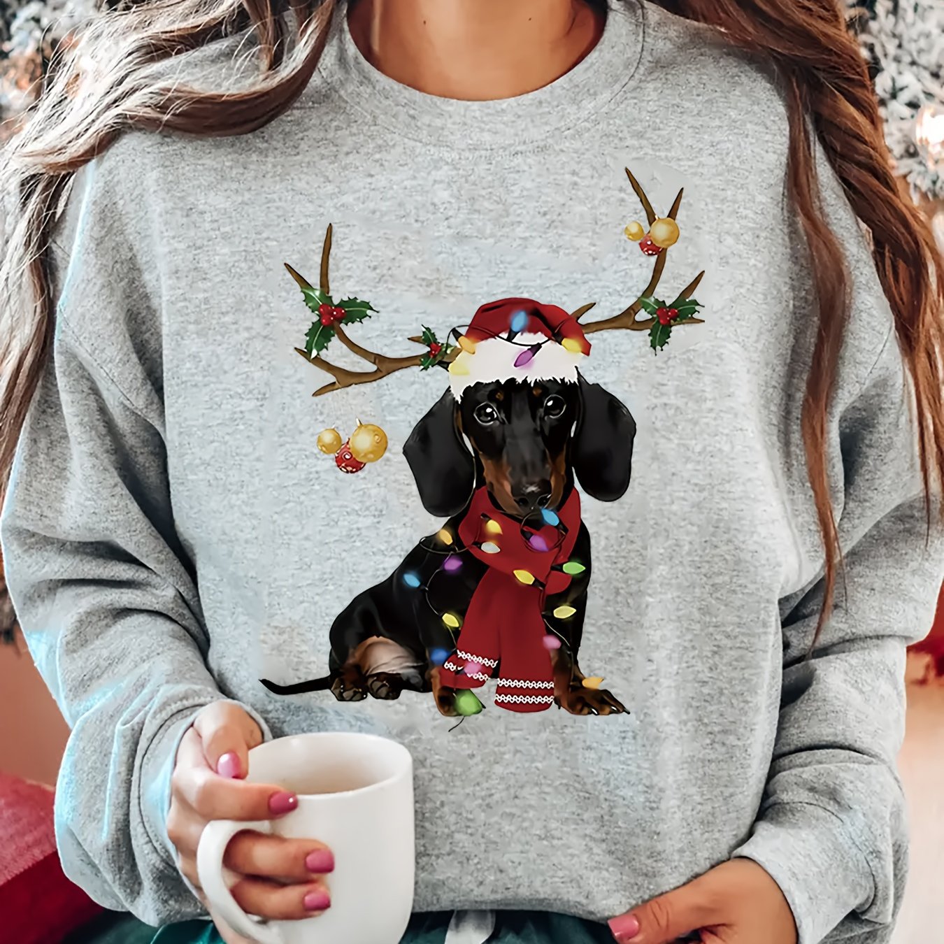 Women'S Plus Size Christmas Dachshund Crew Neck Sweatshirt -