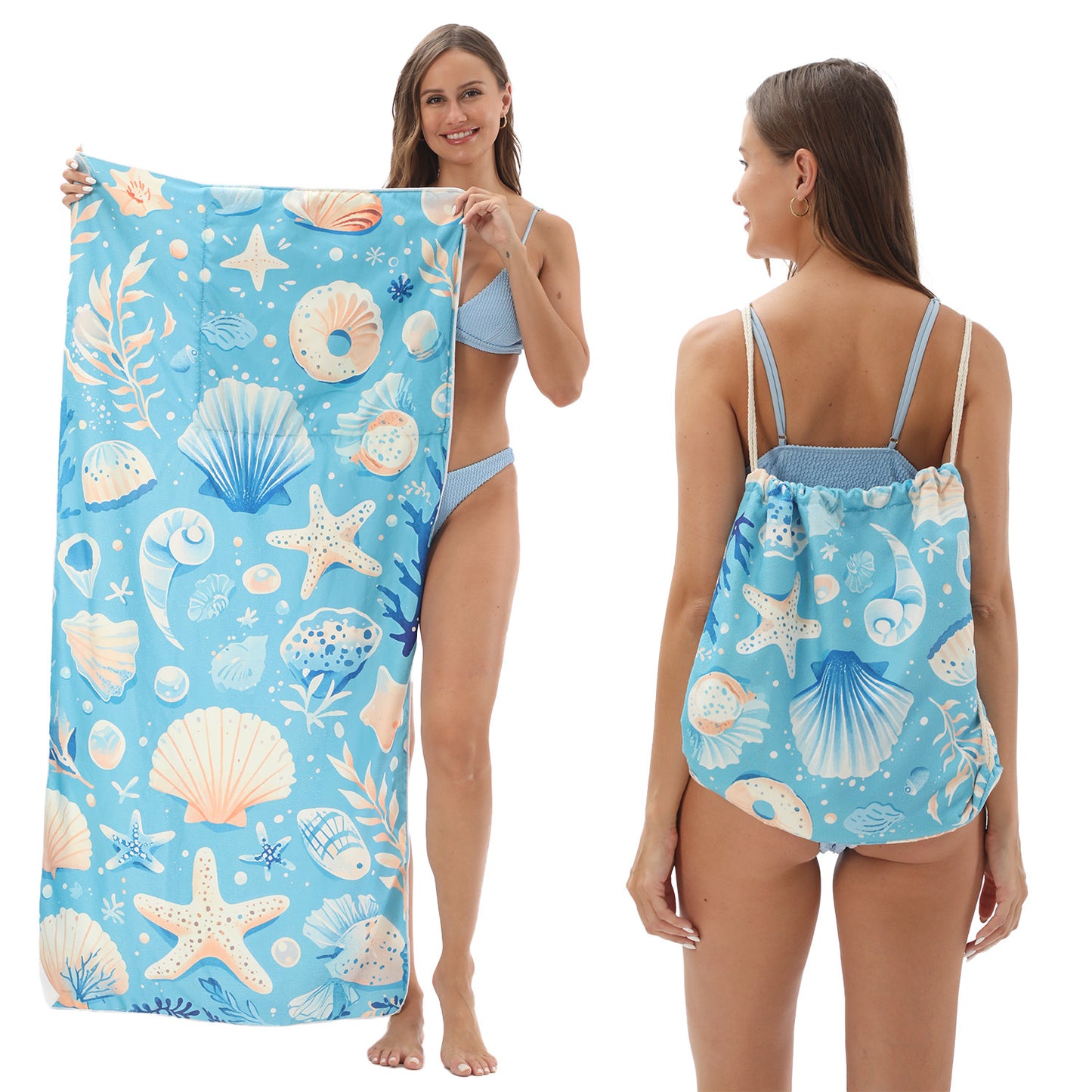 Two-in-One Foldable Beach Towel Printed Bath Towel All-In-One Beach Towel with Storage Bag