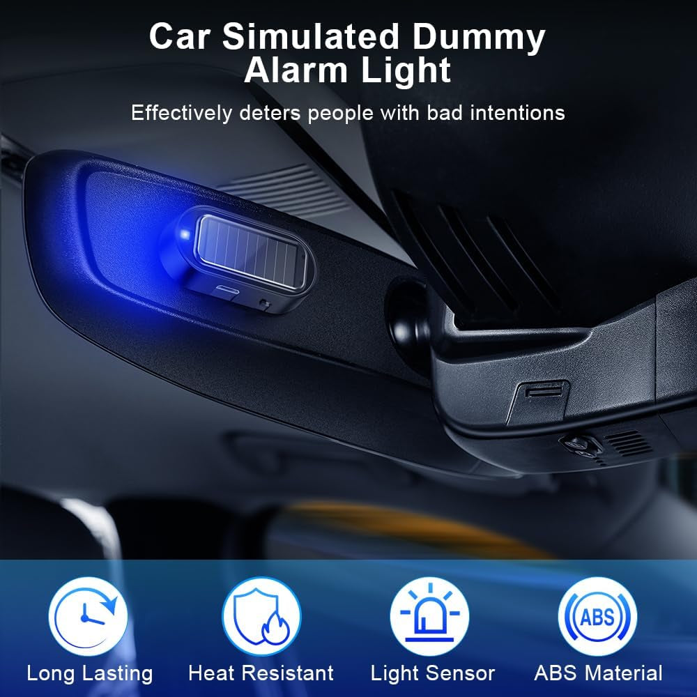 Car Solar Power Simulated Dummy Alarm, Anti-Theft LED Flashing Security Light Fake Car Alarm, Automotive Warning Interior Safety Light with USB Charging Port, Car Accessories(Blue Light, 4PCS)