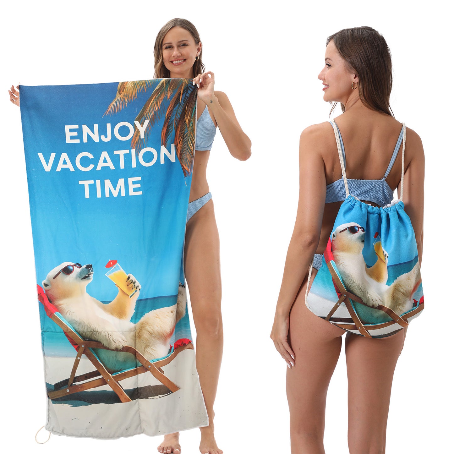 Two-in-One Foldable Beach Towel Printed Bath Towel All-In-One Beach Towel with Storage Bag