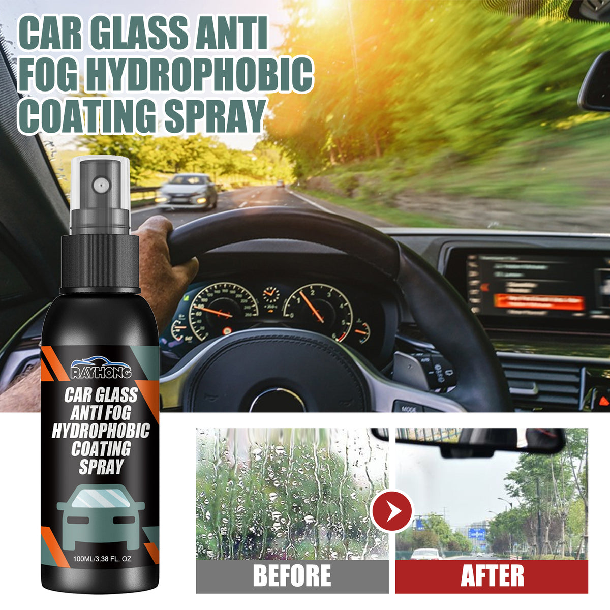 Rayhong Car Glass-Anti Fog Hydrophobic Coating Spray, Rearview Mirror Windshield Cleaner Stains Hydrophobic Water Spray Antifogging Agent