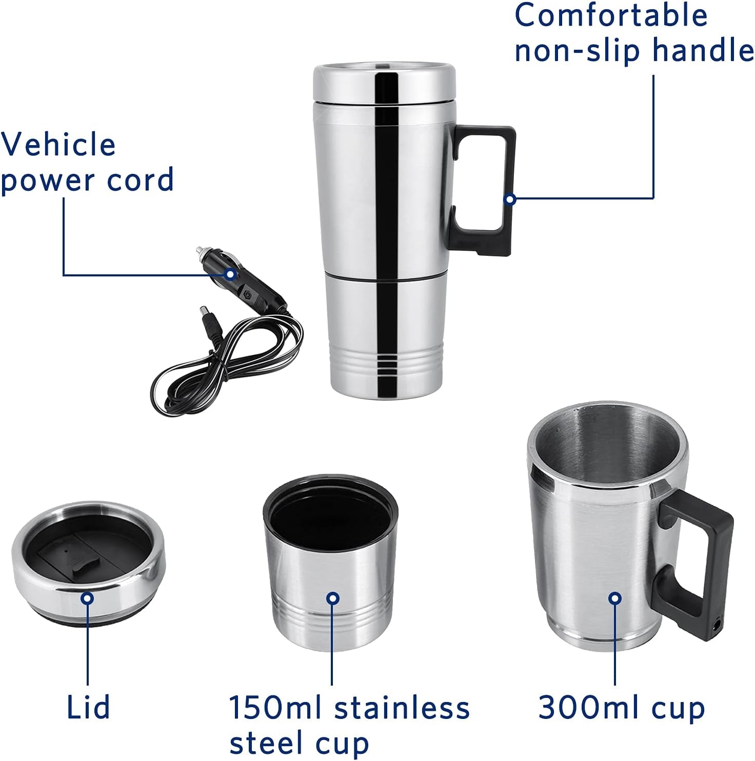 300Ml Car Electric Tea Kettle, 12V Stainless Steel Electric In-Car Travel Heating Cup Car Water Heater Travel Portable Heating Cup with Lid for Most Car Cup Holders, 6.5X19.5Cm