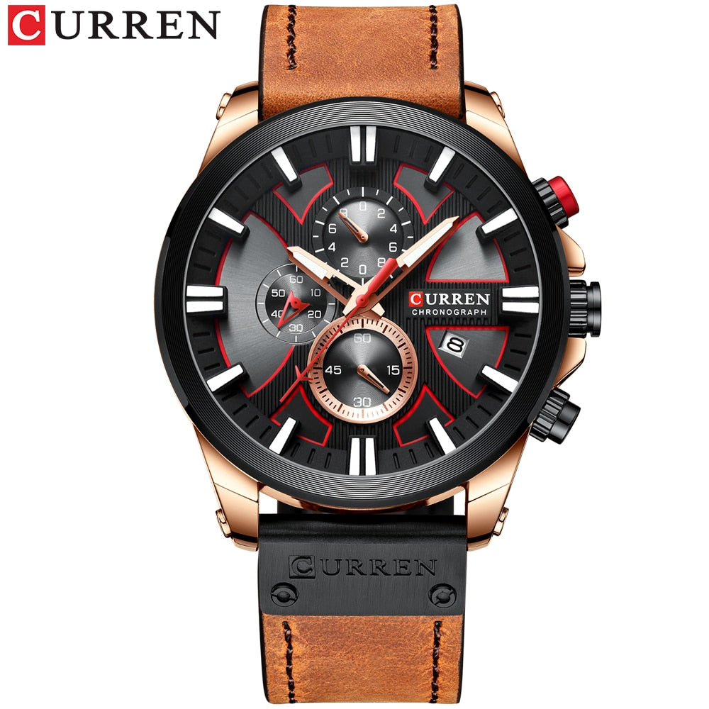 CURREN Watch Chronograph Sport მამაკაცის საათები, კვარცის საათი, ტყავის მამაკაცის მაჯის საათი, Relogio Masculino, მოდური საჩუქარი მამაკაცებისთვის 