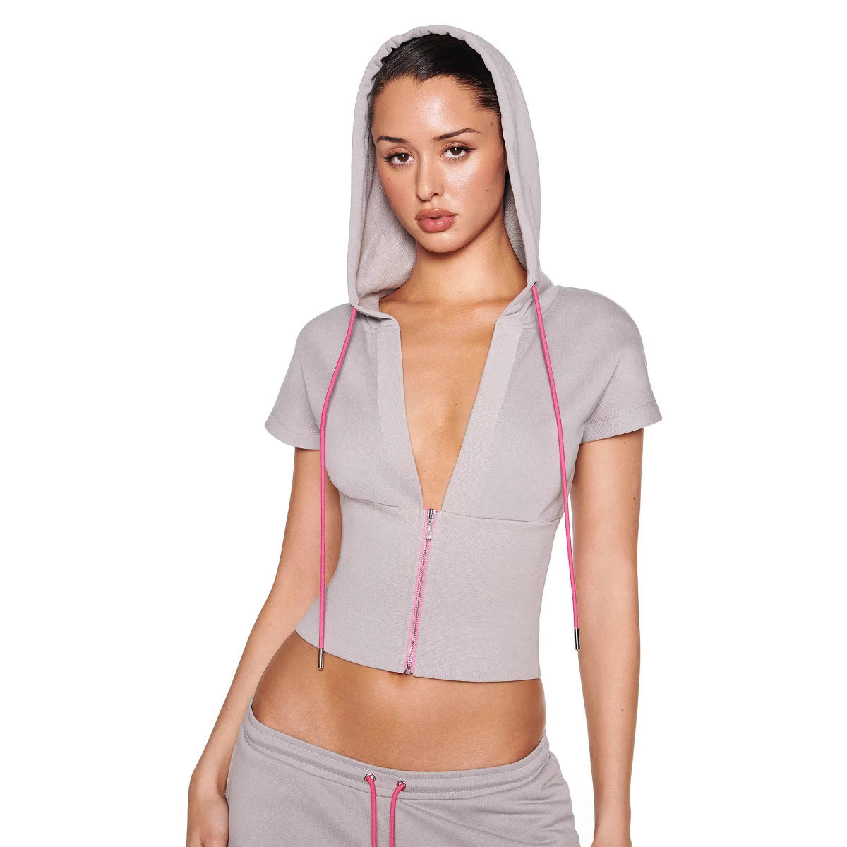 Women's Pure Color Sports Leisure Top with Hood Half Zipper Slim Deep V-neck Short Sleeve