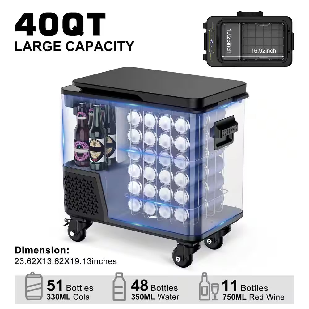 Blcak 40 Qt. Portable Car Cooler with APP Control, Handle and Wheels for Camping, Travel, RV, Truck, Boat and Home Use