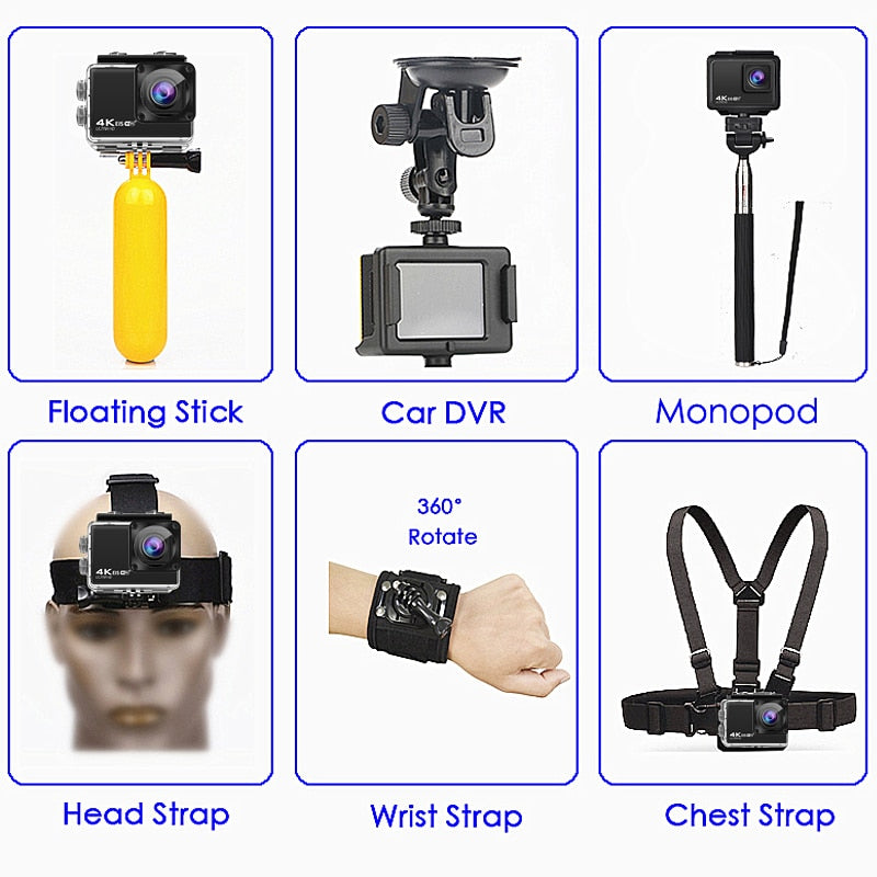 H10 EIS ანტი-რხევის მოქმედი კამერა Ultra HD 4K / 60fps WiFi 2.0" 170D წყალქვეშა წყალგაუმტარი კამერა ჩაფხუტი Vedio Go Sport Pro Came 