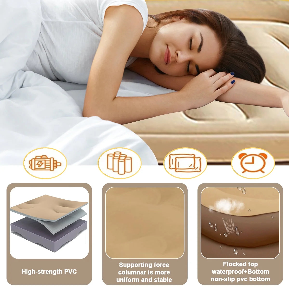 Inflatable Bed Double Leak-Proof Mattress with Electric Pump & Pillows Removable Backrest Multifunctional Foldable Air Sofa Guest Bed, 600Lb Max(Brown, Queen Size)