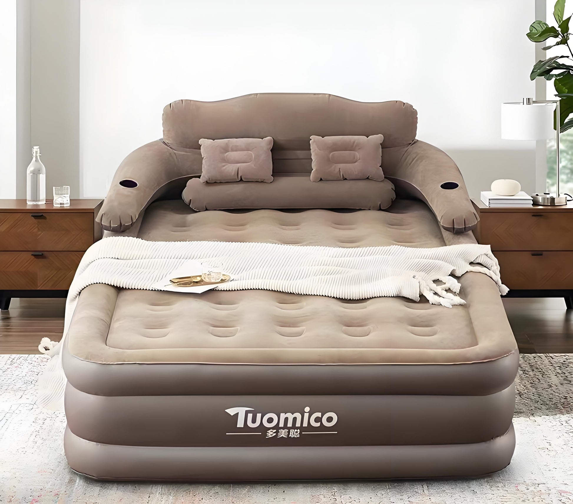 19In Queen Air Mattress, Inflatable Airbed with Pump for Guest Home Camping Travel, 661Lb Max,Coffee