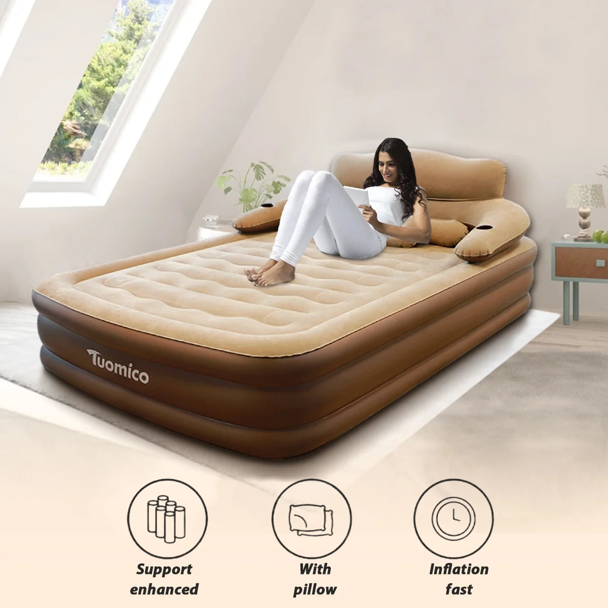 Inflatable Bed Double Leak-Proof Mattress with Electric Pump & Pillows Removable Backrest Multifunctional Foldable Air Sofa Guest Bed, 600Lb Max(Brown, Queen Size)