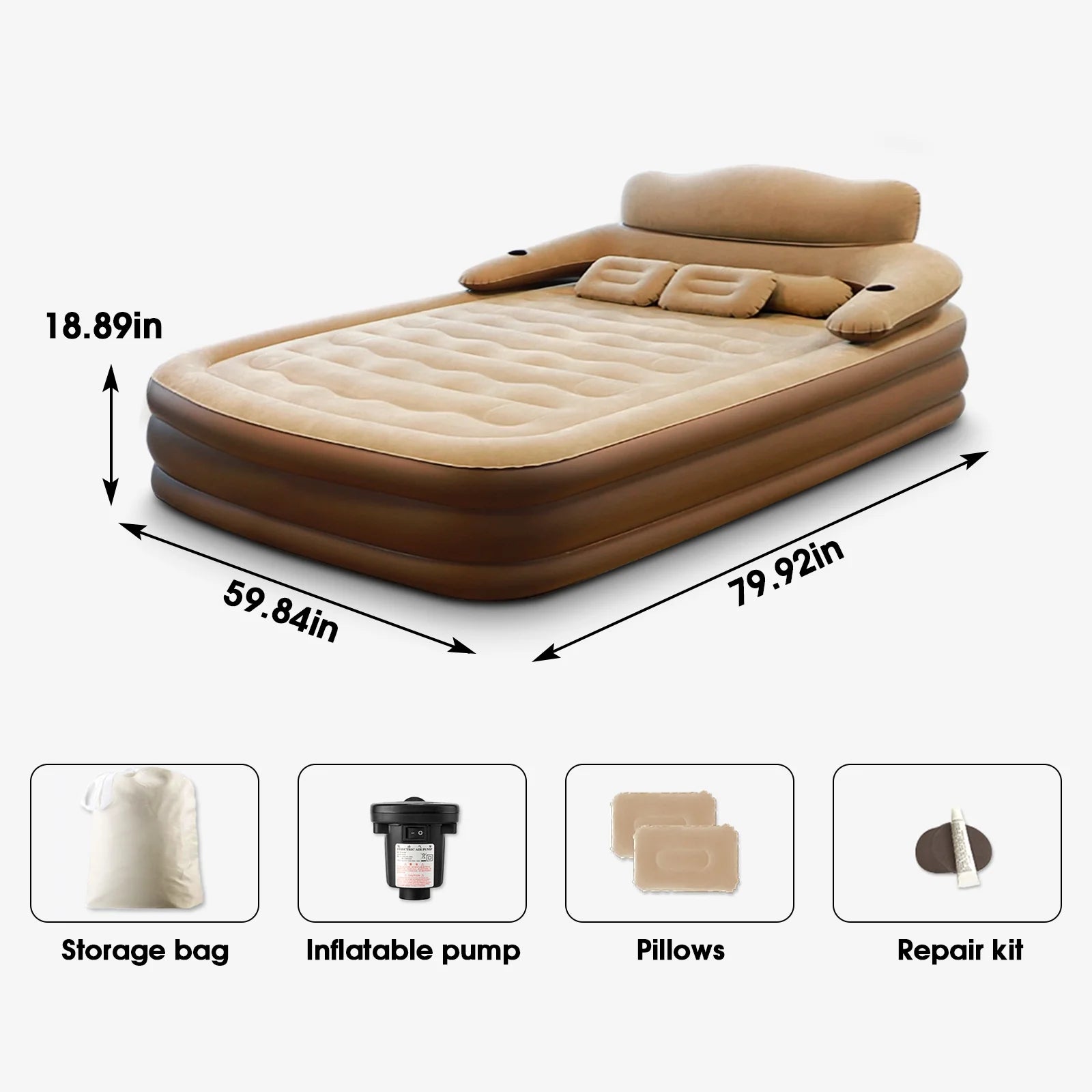 19In Queen Air Mattress, Inflatable Airbed with Pump for Guest Home Camping Travel, 661Lb Max,Coffee
