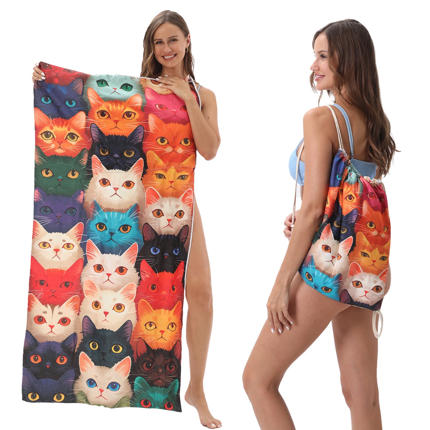 Two-in-One Foldable Beach Towel Printed Bath Towel All-In-One Beach Towel with Storage Bag
