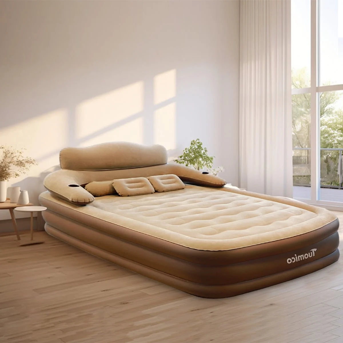 Inflatable Bed Double Leak-Proof Mattress with Electric Pump & Pillows Removable Backrest Multifunctional Foldable Air Sofa Guest Bed, 600Lb Max(Brown, Queen Size)