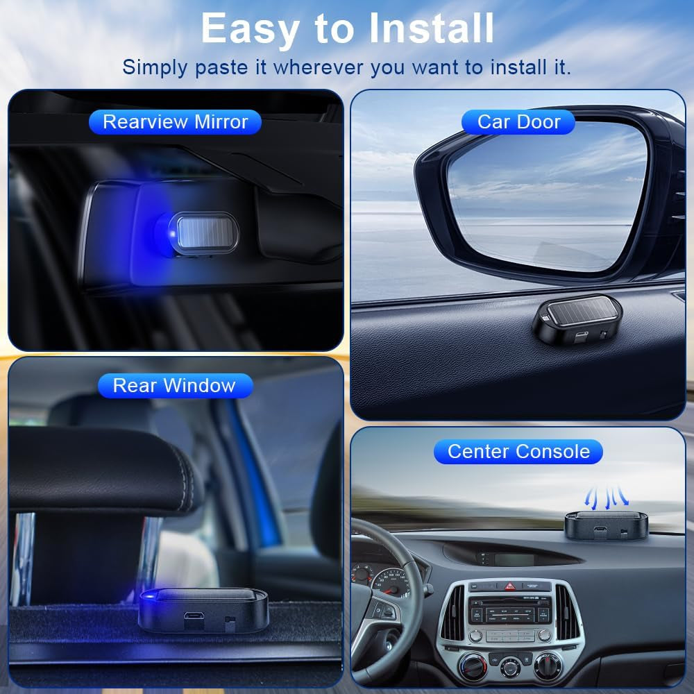 Car Solar Power Simulated Dummy Alarm, Anti-Theft LED Flashing Security Light Fake Car Alarm, Automotive Warning Interior Safety Light with USB Charging Port, Car Accessories(Blue Light, 4PCS)