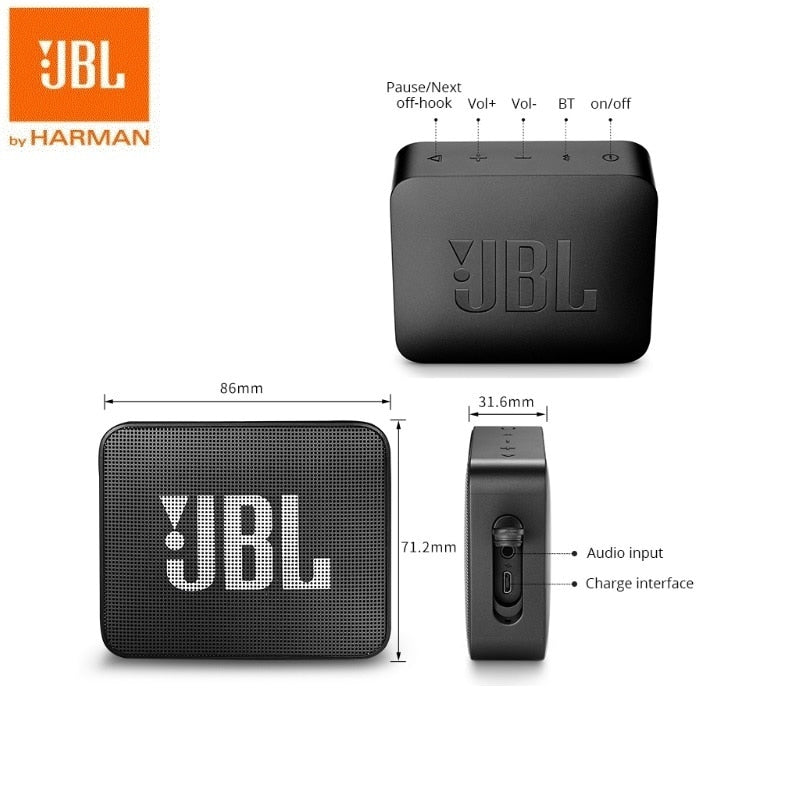 JBL Go 2 Mini პორტატული უსადენო IPX7 წყალგაუმტარი Bluetooth დინამიკი საბვუფერის ბასის ეფექტით 