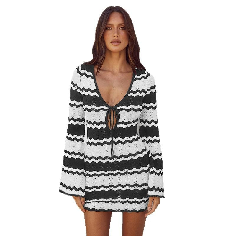 Wavy Striped Tied Front Long Sleeve Cover-Up Dress